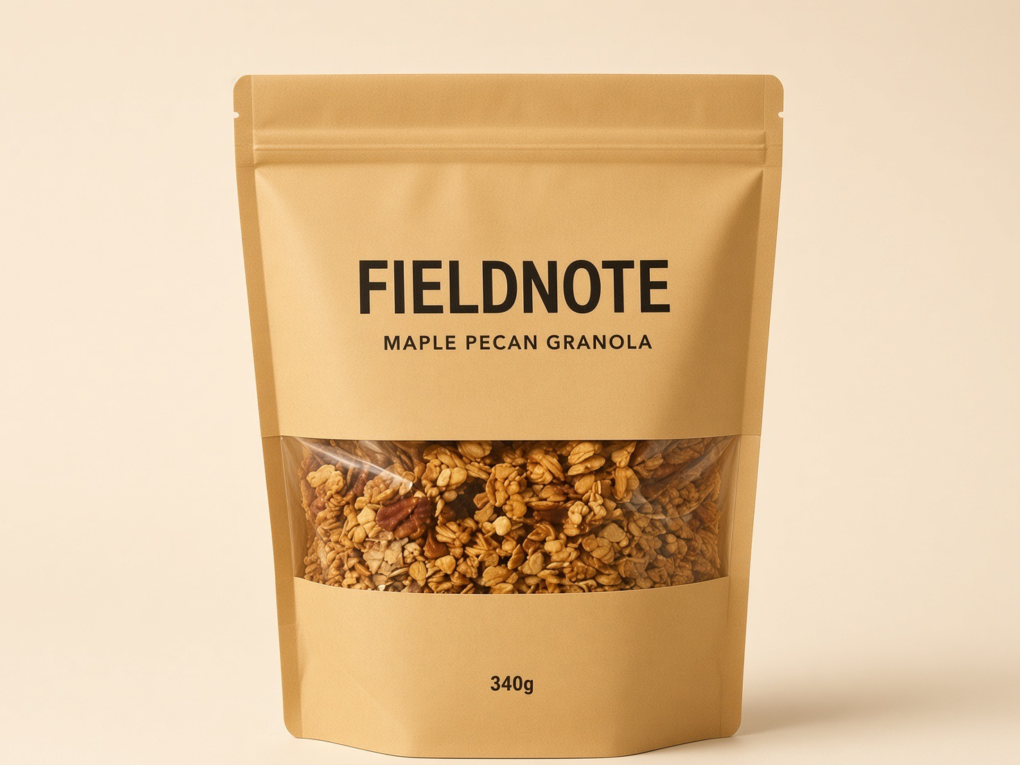 Example hero packshot: the same granola pouch on a warm cream studio backdrop