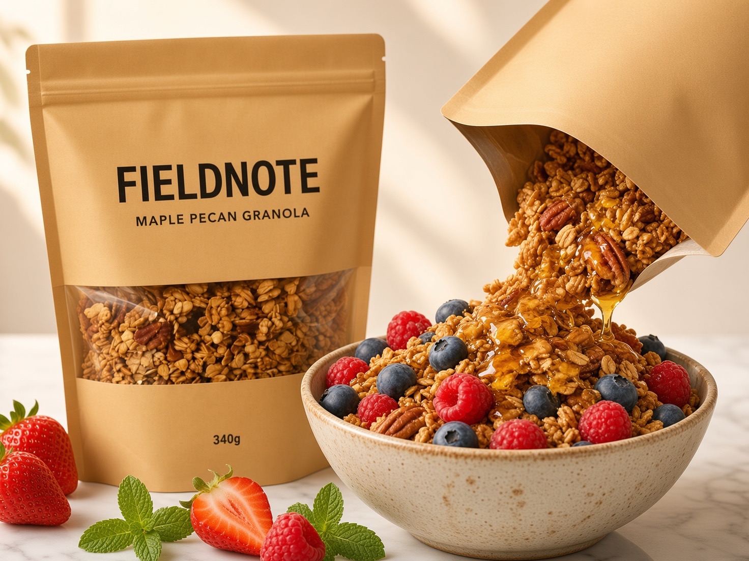 Example lifestyle scene: the same granola pouring into a bowl with berries on marble