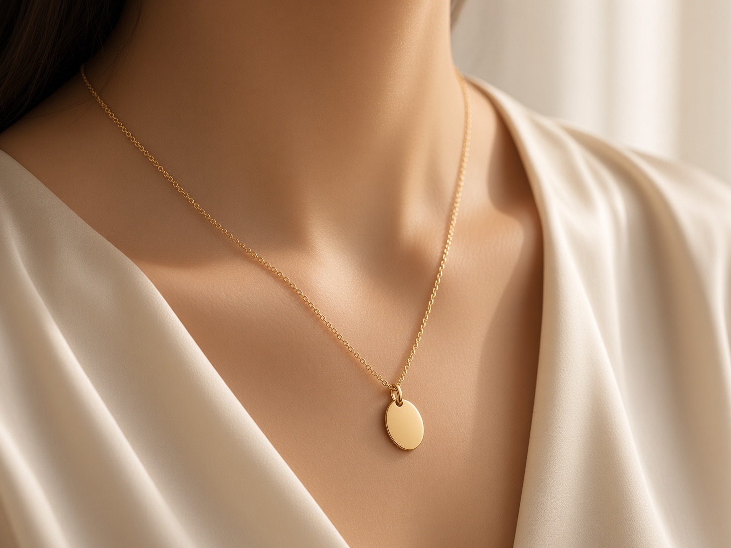 On-model shot: the gold pendant worn at the collarbone