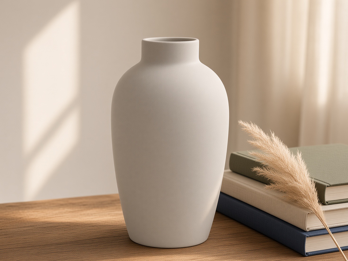Lifestyle scene: the vase on an oak shelf beside books